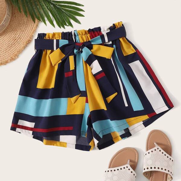 

Frill Waist Geo Print Belted Shorts, Multicolor