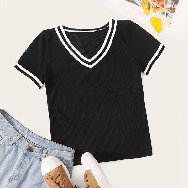 

Contrast Striped Ribbed V-neck Tee