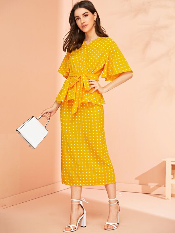 

Polka Dot Knot Front Blouse & Skirt Set, Yellow, Vikie