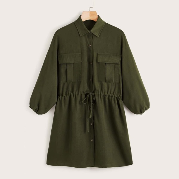 

Drawstring Waist Utility Shirt Dress, Army green