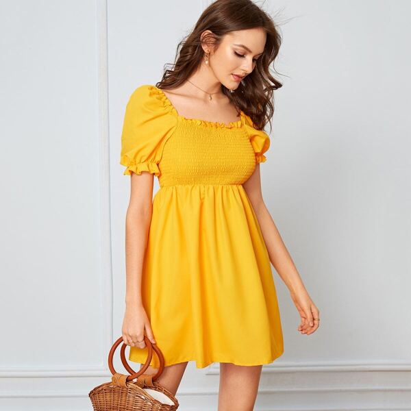 

Solid Frill Trim Shirred Dress