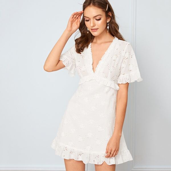 

Deep V Neck Ruffle Hem Schiffy Dress