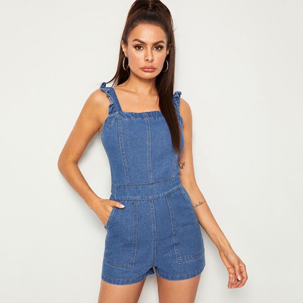 

Zip Back Pocket Patch Ruffle Trim Denim Overall