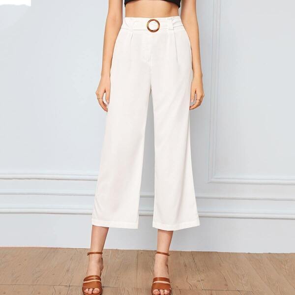 

Solid Ring Belted Straight Leg Crop Pants