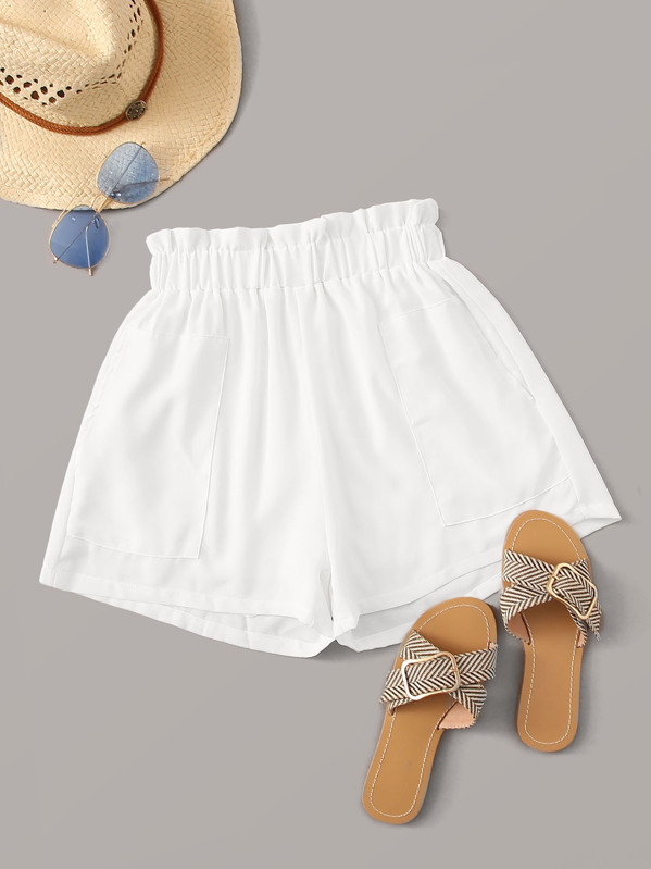 

Paperbag Waist Pocket Pocket Solid Shorts, White