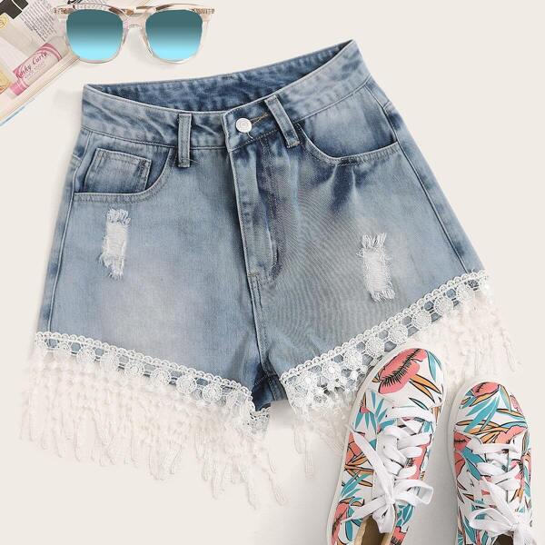 

Lace Fringe Hem Ripped Detail Denim Shorts, Blue pastel