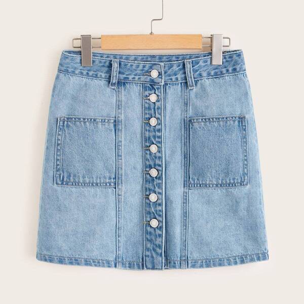 

Button Front Pocket Detail Denim Skirt