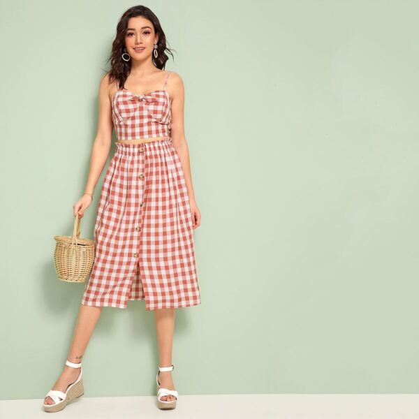 

Gingham Tie Front Crop Cami & Button Front Skirt Set, Pink