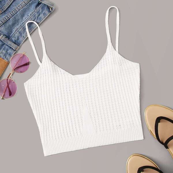 

Solid V Neck Rib-knit Crop Cami Top