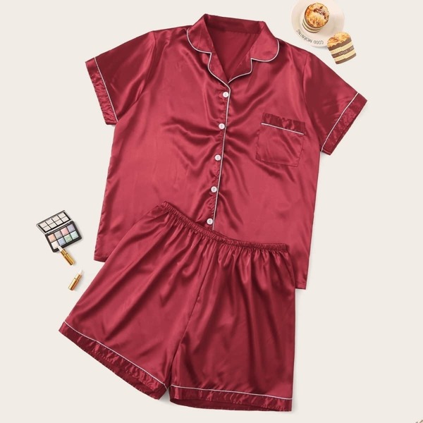 

Plus Contrast Binding Satin Pajama Set, Burgundy