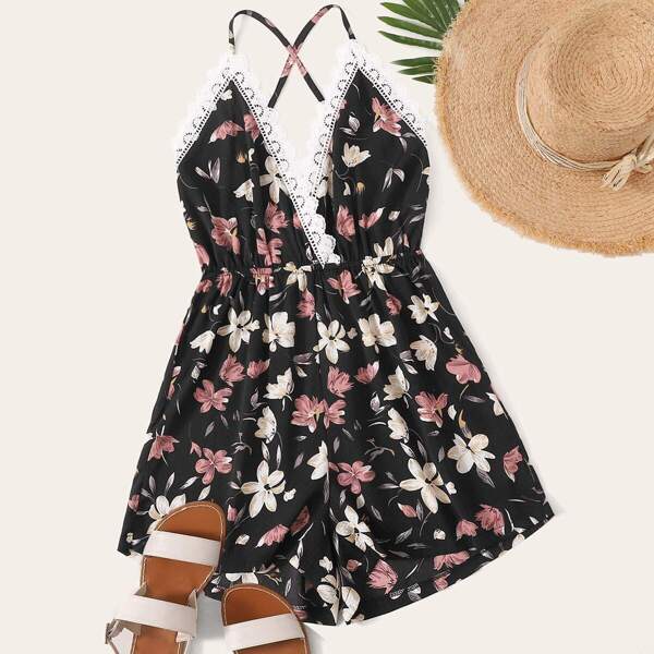

Contrast Lace Floral Print Criss Cross Romper