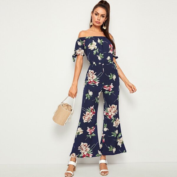 

Off Shoulder Floral Print Knot Cuff Jumpsuit
