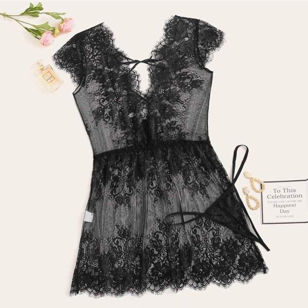 

Plus Eyelash Lace Sheer Dress With Thong, Black