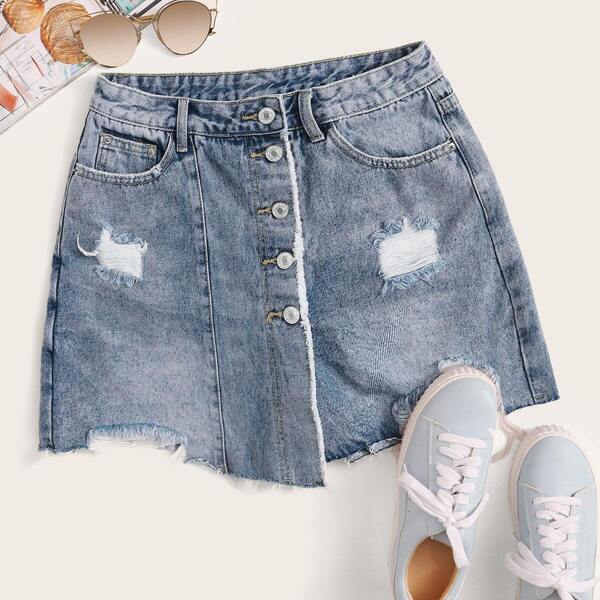 

Button Front Ripped Denim Culotte Shorts