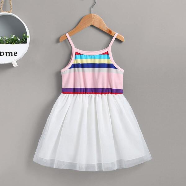 

Toddler Girls Colorful Striped Contrast Mesh Hem Cami Dress