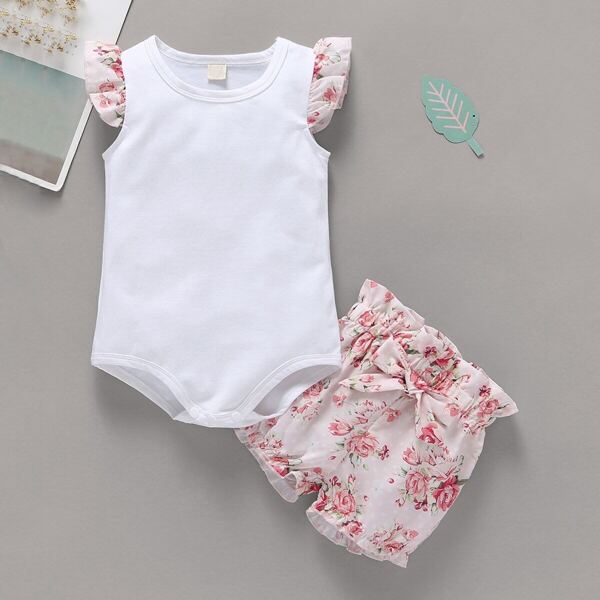 

Baby Girl Floral Print Romper With Bow Front Shorts, Multicolor