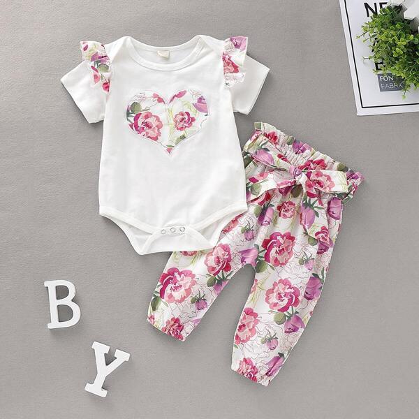 

Baby Girl Floral Print Romper With Belted Pants