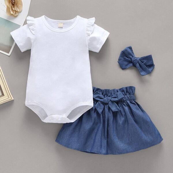 

Baby Girl Ruffle Trim Romper And Bow Front Skirt With Handband, Multicolor