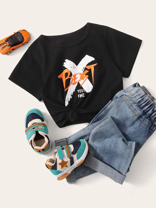

Toddler Boys Letter Print Tee, Black