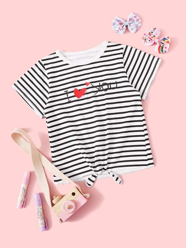 

Toddler Girls Letter And Striped Print Knot Hem Tee, Black and white