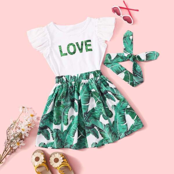 

Toddler Girls Letter And Tropical Print Tee And Skirt With Handband, Multicolor