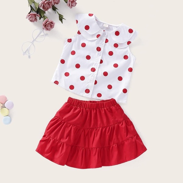 

Toddler Girls Polka Dot Print Blouse With Skirt
