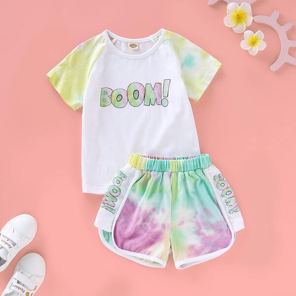 

Toddler Girls Letter Print Tee With Tie Dye Print Track Shorts, Multicolor
