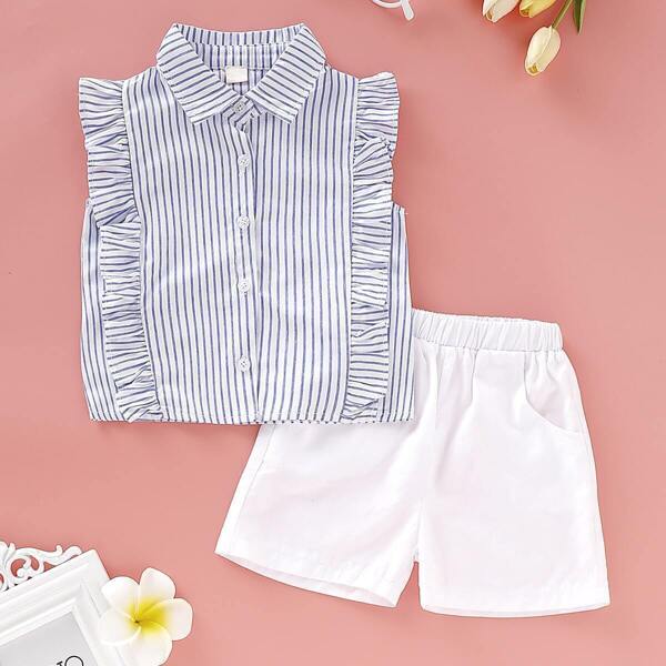 

Toddler Girls Ruffle Trim Striped Blouse With Shorts, Multicolor