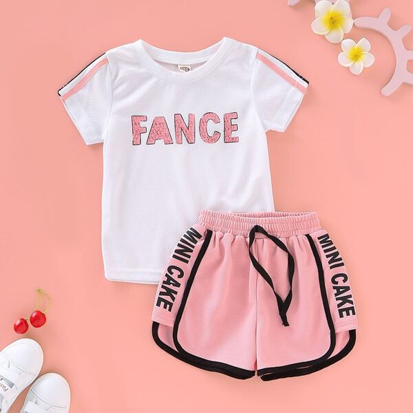 

Toddler Girls Side Striped Letter Graphic Tee With Track Shorts, Multicolor