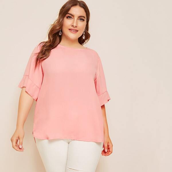 

Plus Solid Flounce Sleeve Curved Hem Blouse