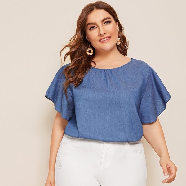 

Plus Solid Butterfly Sleeve Denim Blouse, Blue