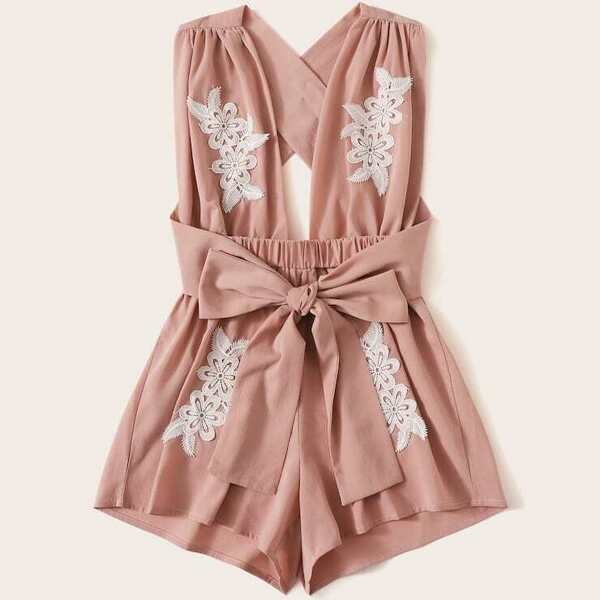

Plus Lace Panel Tie Front Criss Cross Romper, Dusty pink