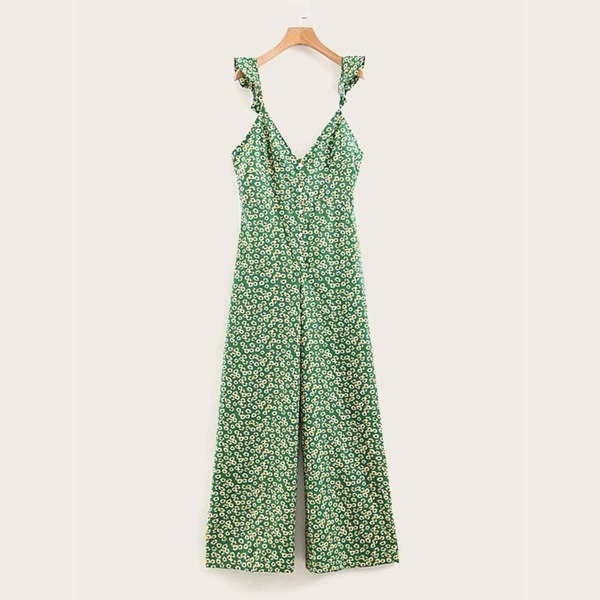 

Ditsy Floral Print Button Front Cami Jumpsuit, Green