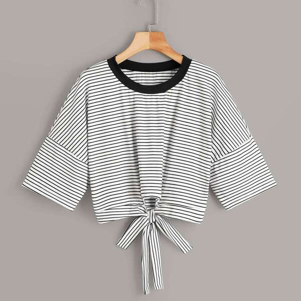 

Stripe Print Tie Hem Ringer Tee