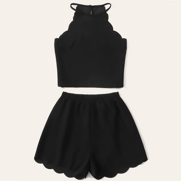 

Plus Solid Scallop Halter Top With Shorts, Black