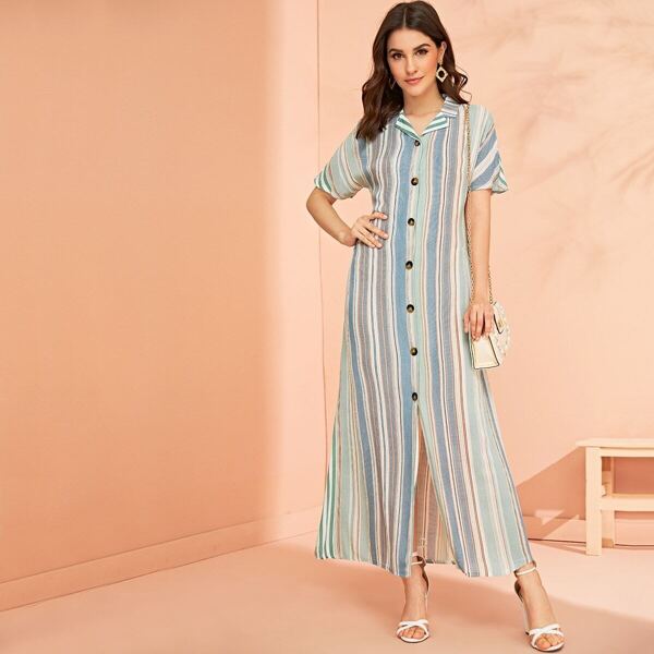 

Striped Button Front Shirt Dress