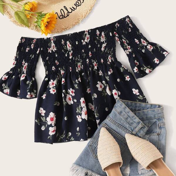 

Off-shoulder Floral Print Shirred Blouse