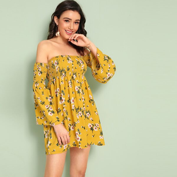 

Floral Print Off The Shoulder Shirred Dress, Mustard yellow