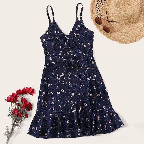 

Ditsy Floral Ruffle Trim Belted Cami Dress, Navy