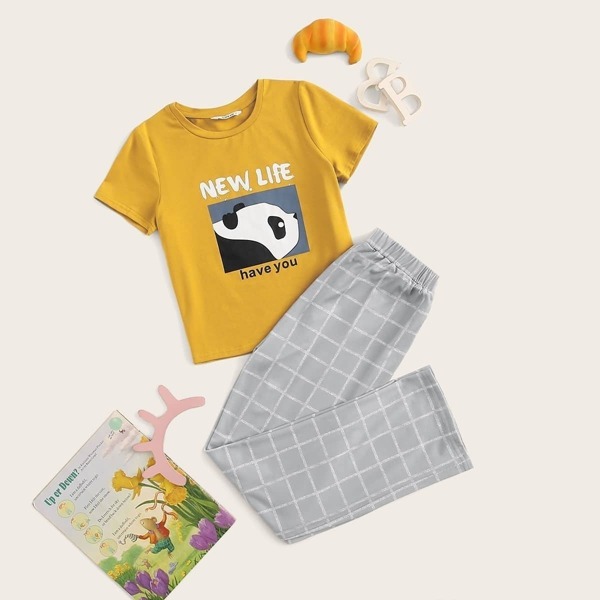 

Girls Mixed Print Top & Plaid Pants PJ Set