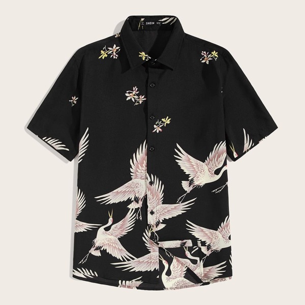 

Men Crane Print Button Front Shirt