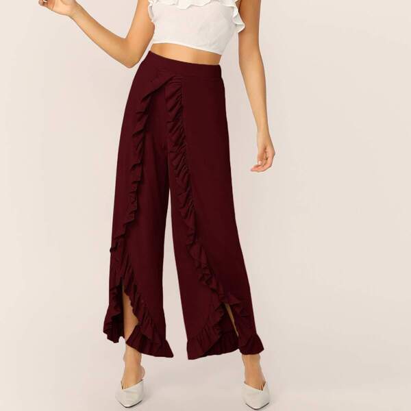 

Ruffle Trim Wrap Split Front Wide Leg Pants, Burgundy