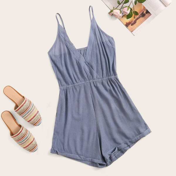 

Surplice Neck Rolled Hem Cami Romper, Navy