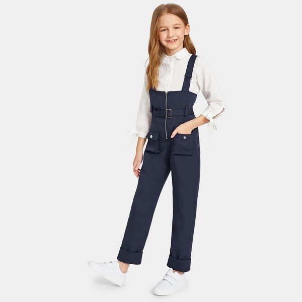 

Girls Pocket Patched Zip Up Pinafore Jumpsuit With Belt, Navy