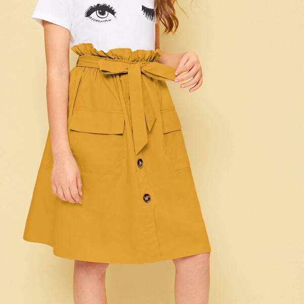 

Girls Paperbag Waist Buttoned Pocket Skirt