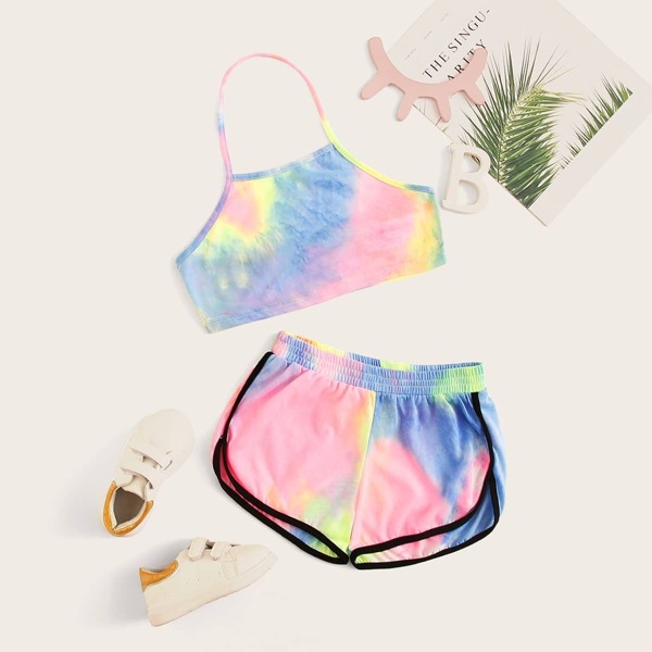 

Girls Tie Dye Halter Crop Top & Dolphin Shorts Set, Multicolor