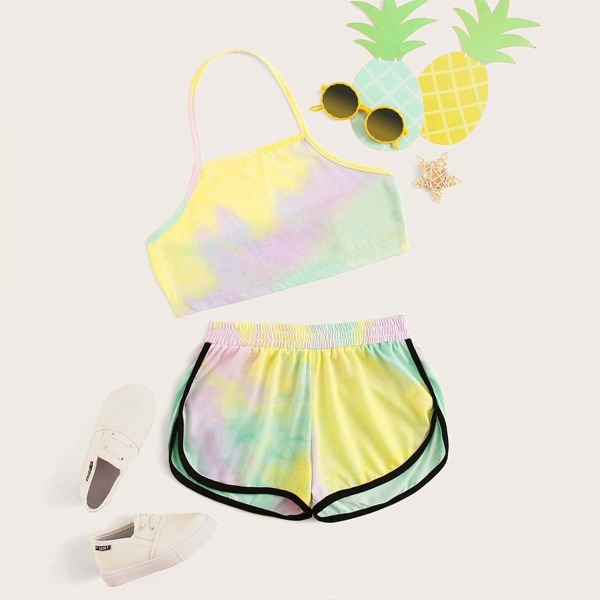 

Girls Tie Dye Halter Crop Top & Dolphin Shorts Set