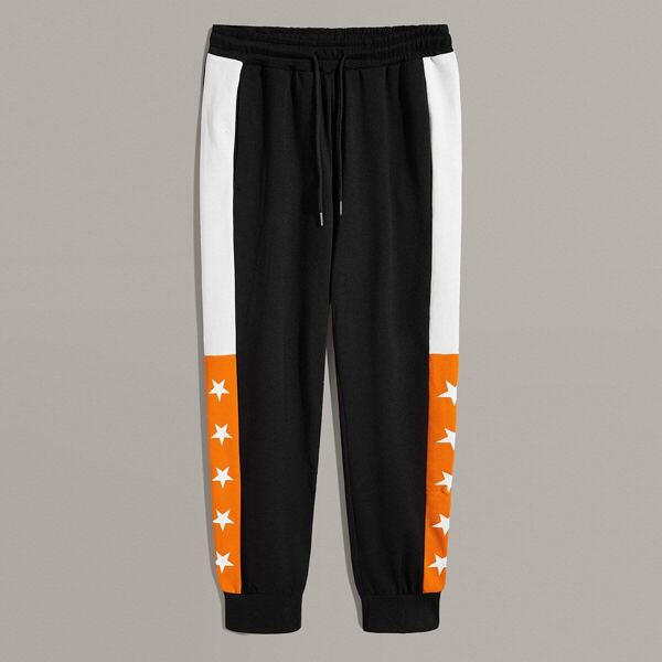

Men Colorblock Panel Side Star Print Sweatpants, Black