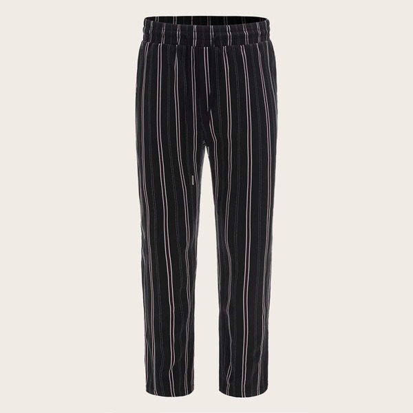 

Men Drawstring Elastic Waist Striped Pants, Black