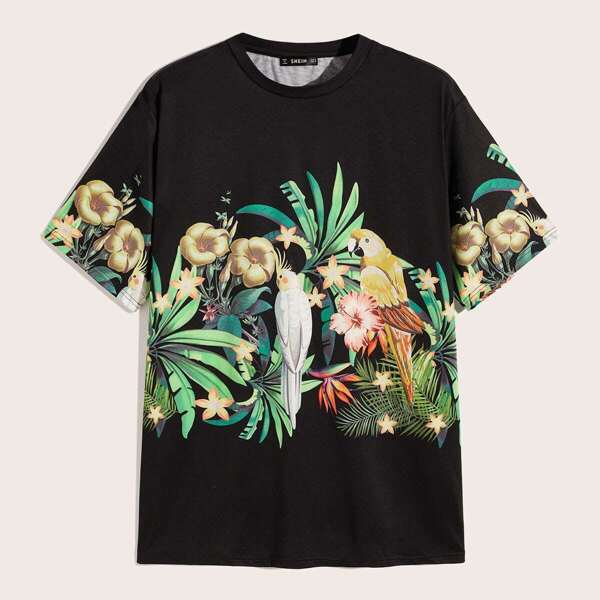 

Men Tropical and Parrot Print Tee